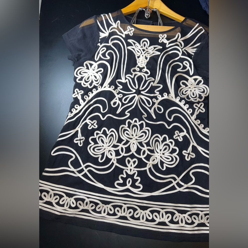 INC International Concepts Black Sheer Top Lace Detailed Blouse Size XL EUC